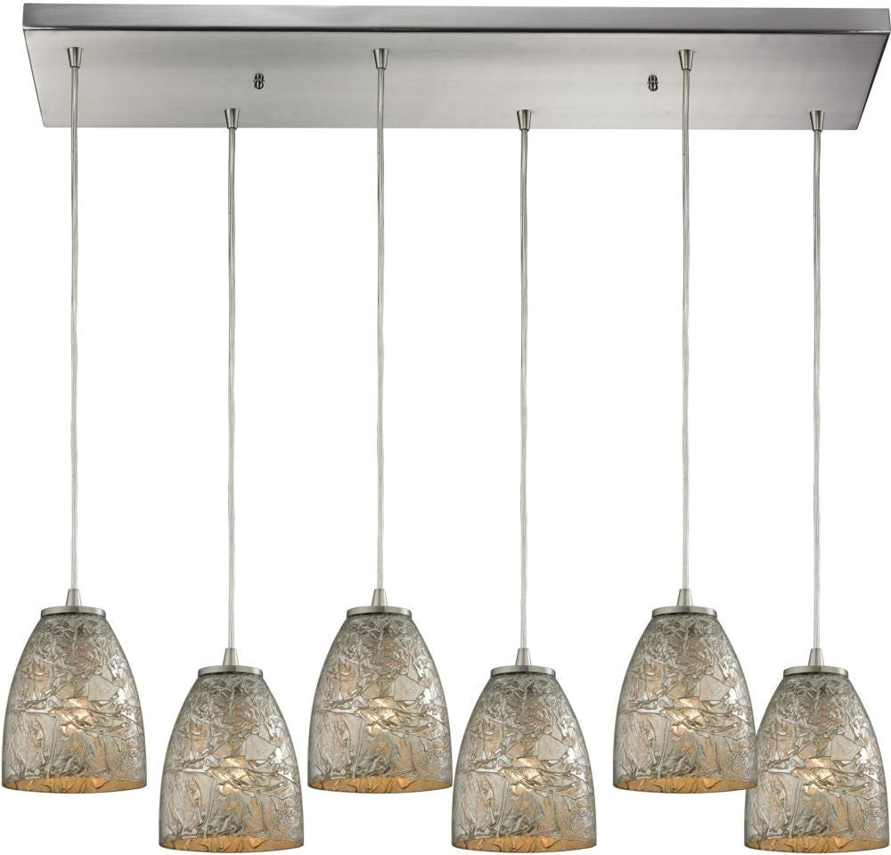 Fissure 6 Light Pendant In Satin Nickel and Silver Glass