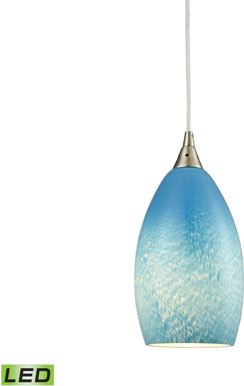 Earth 1 Light Led Pendant In Satin Nickel and Sky Blue Glass
