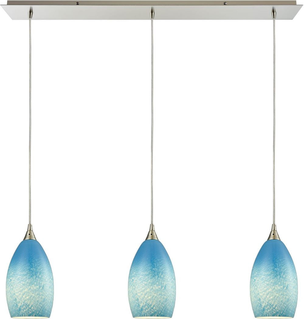Earth 3 Light Pendant In Satin Nickel and Sky Blue Glass