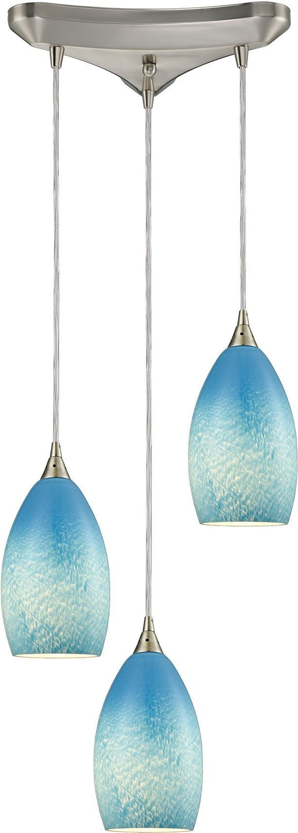 Earth 3 Light Pendant In Satin Nickel and Sky Blue Glass