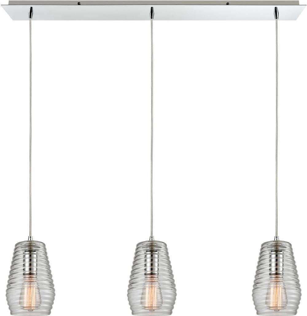 Ribbed Glass 3 Light Pendant In Polished Chrome