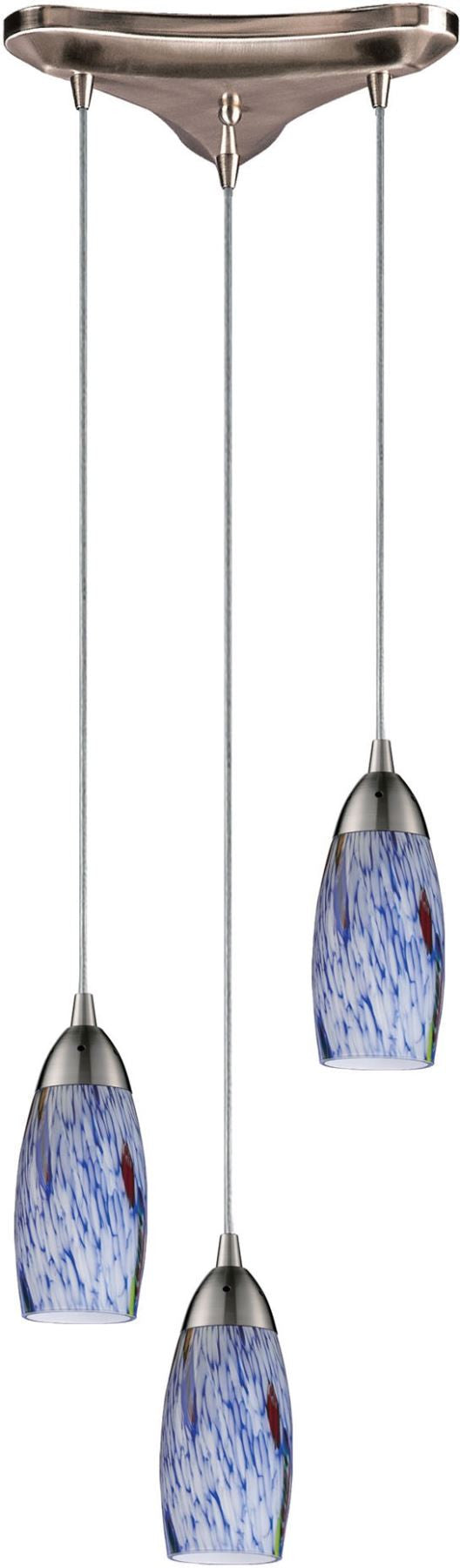 Milan 3 Light Pendant In Satin Nickel and Starburst Blue Glass