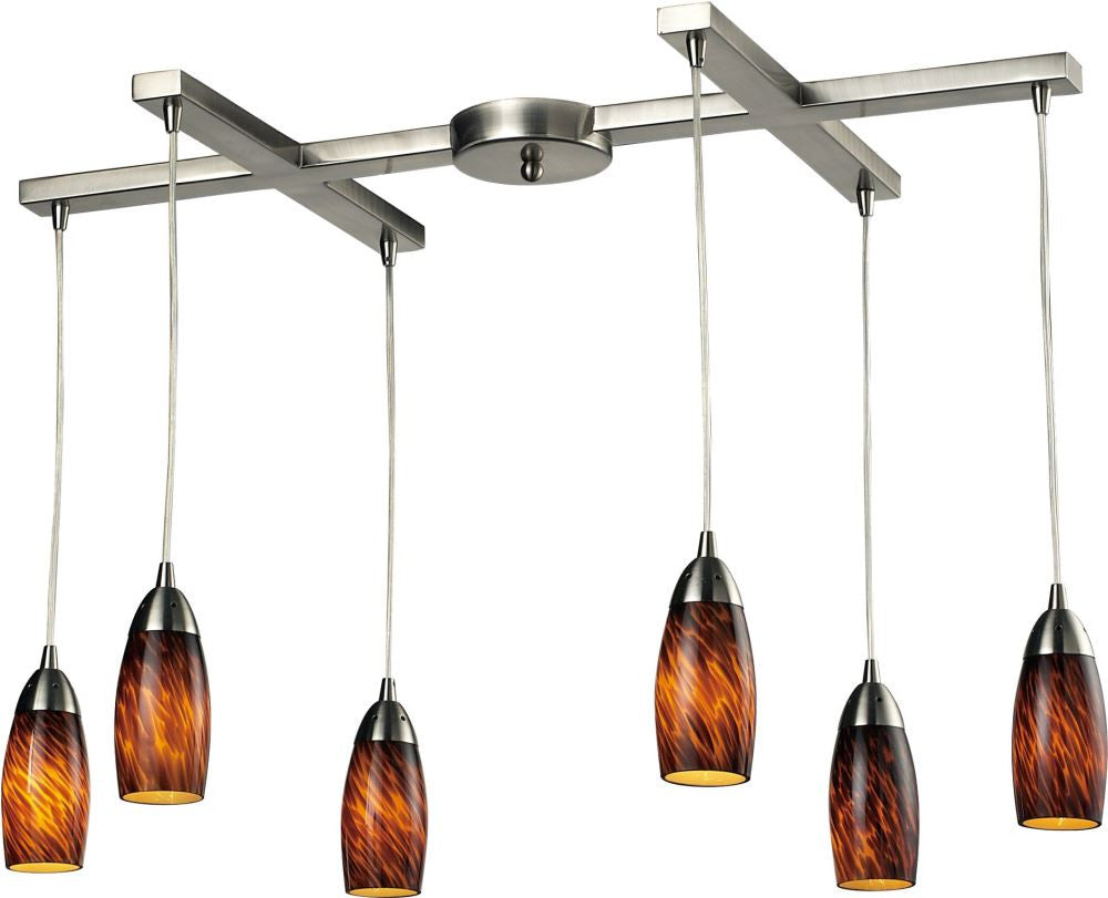 Milan 6 Light Pendant In Satin Nickel and Espresso Glass