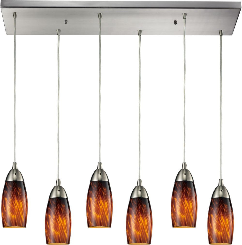 Milan 6 Light Pendant In Satin Nickel and Espresso Glass