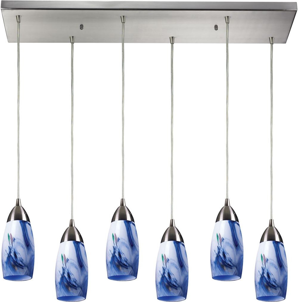 Milan 6 Light Pendant In Satin Nickel and Mountain Glass