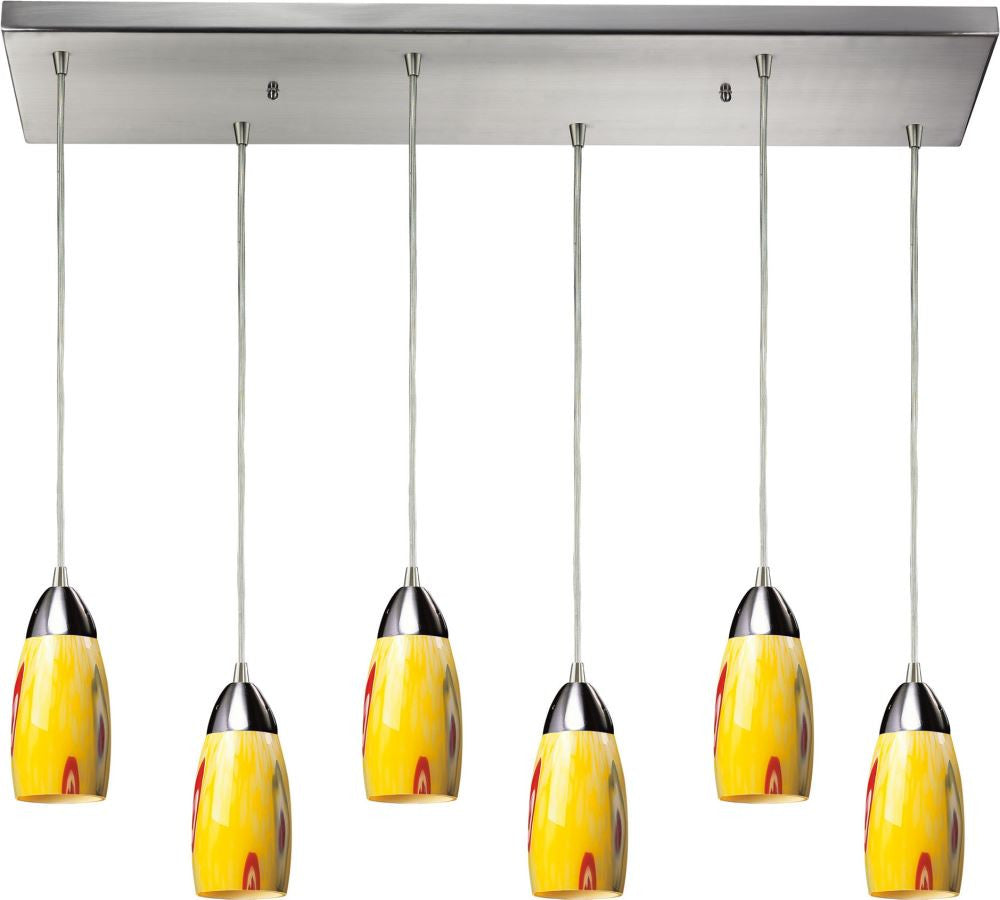 Milan 6 Light Pendant In Satin Nickel and Yellow Blaze Glass