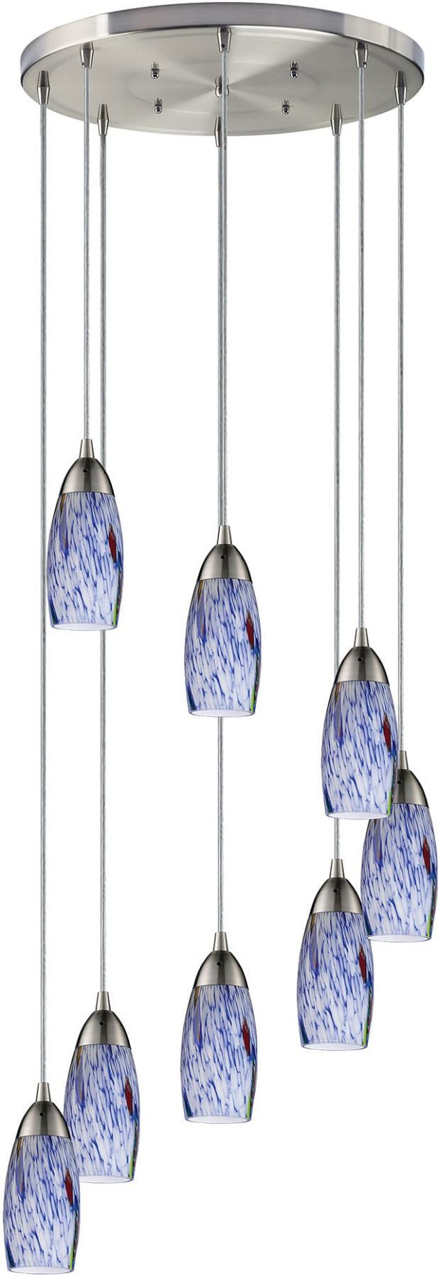 Milan 8 Light Pendant In Satin Nickel and Starburst Blue Glass