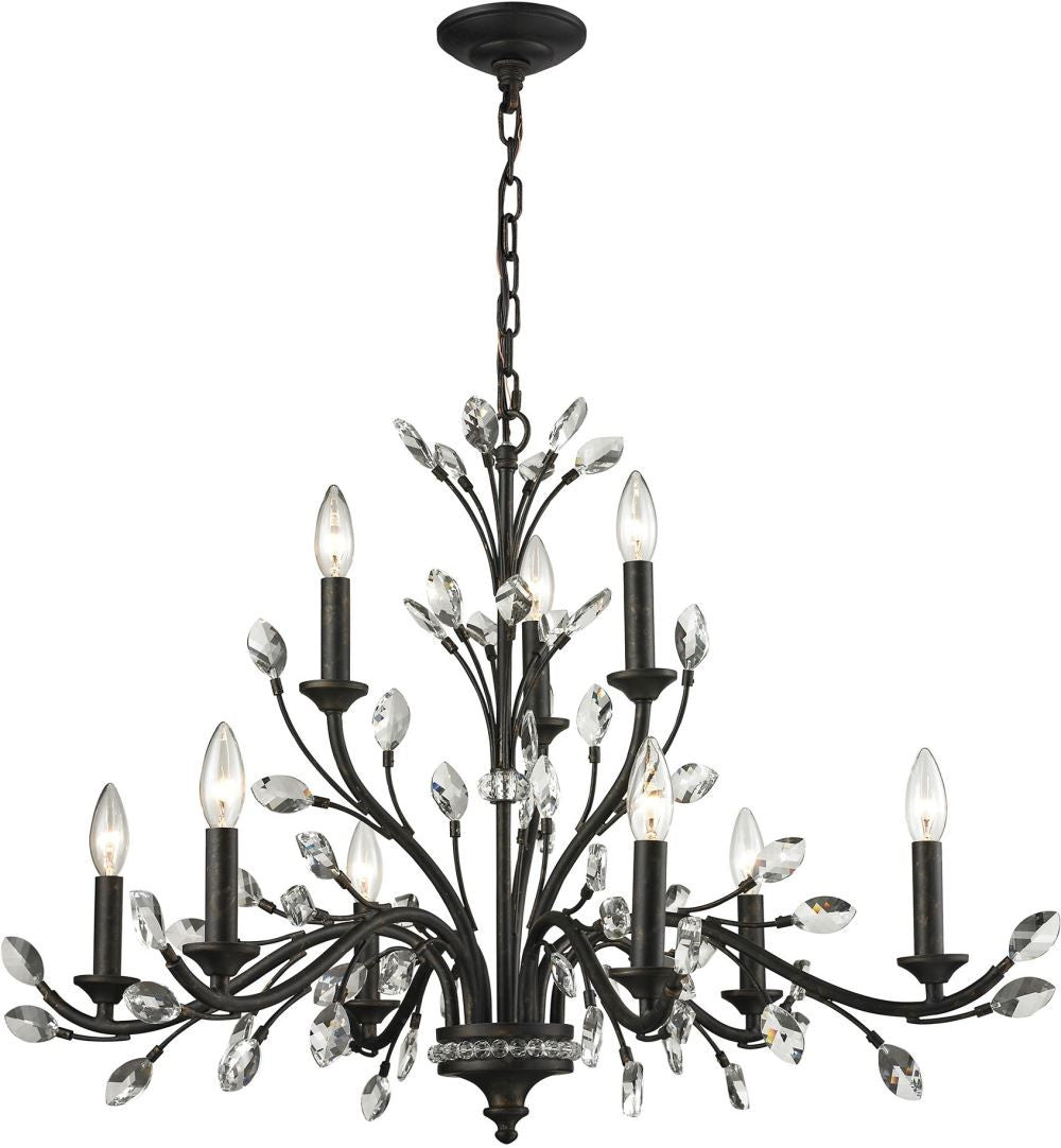 Crystal Branches 9 Light Chandelier In Burnt Bronze
