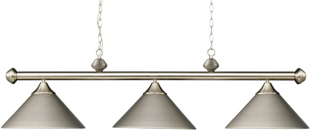 Casual Traditions 3 Light Billiard In Satin Nickel With Matching Metal Shades