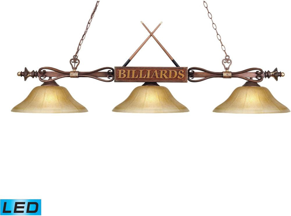 Designer Classics 3 Light Led Billiard In Wood Patina and Amber Gratina Glass