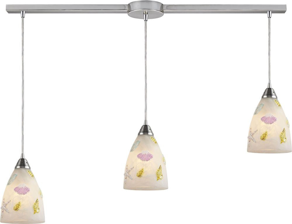 Seashore 3 Light Pendant In Satin Nickel and Hand Painted Glass