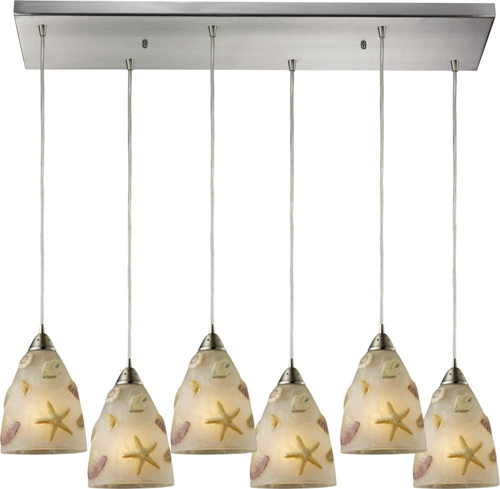 Seashore 6 Light Pendant In Satin Nickel and Hand Painted Glass