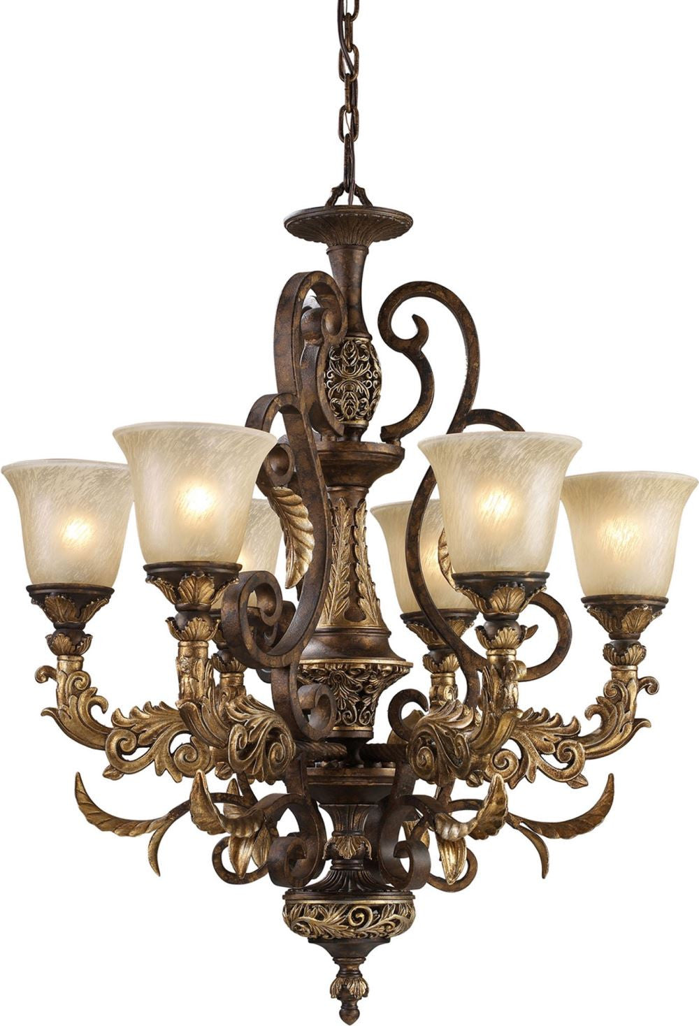 Regency 6 Light Chandelier In Burnt Bronze and Gold Leaf