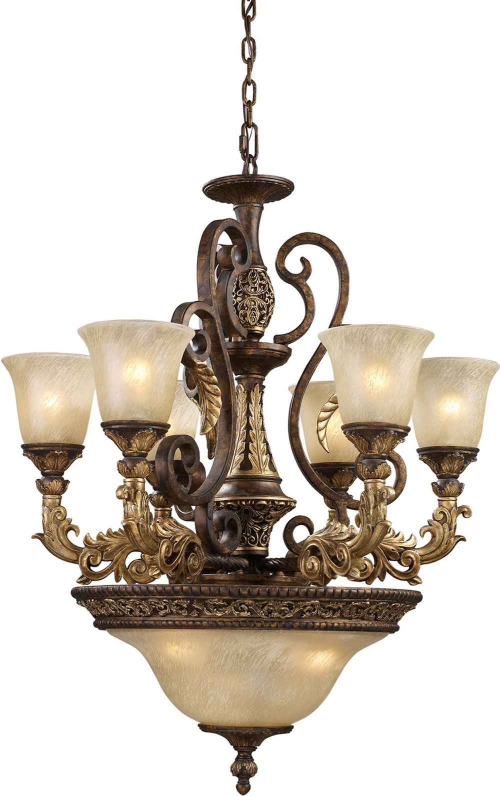 Regency 9 Light Chandelier In Burnt Bronze and Gold Leaf
