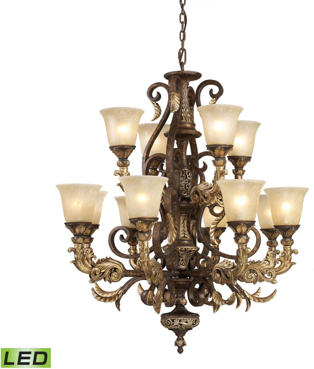 Regency 12 Light Led Chandelier In Burnt Bronze and Gold Leaf