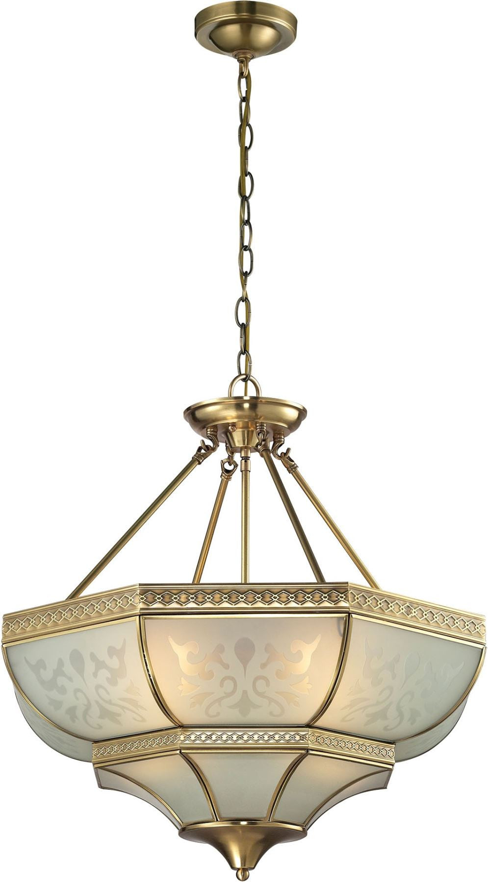 French Damask 4 Light Pendant In Brushed Brass and Etched Glass