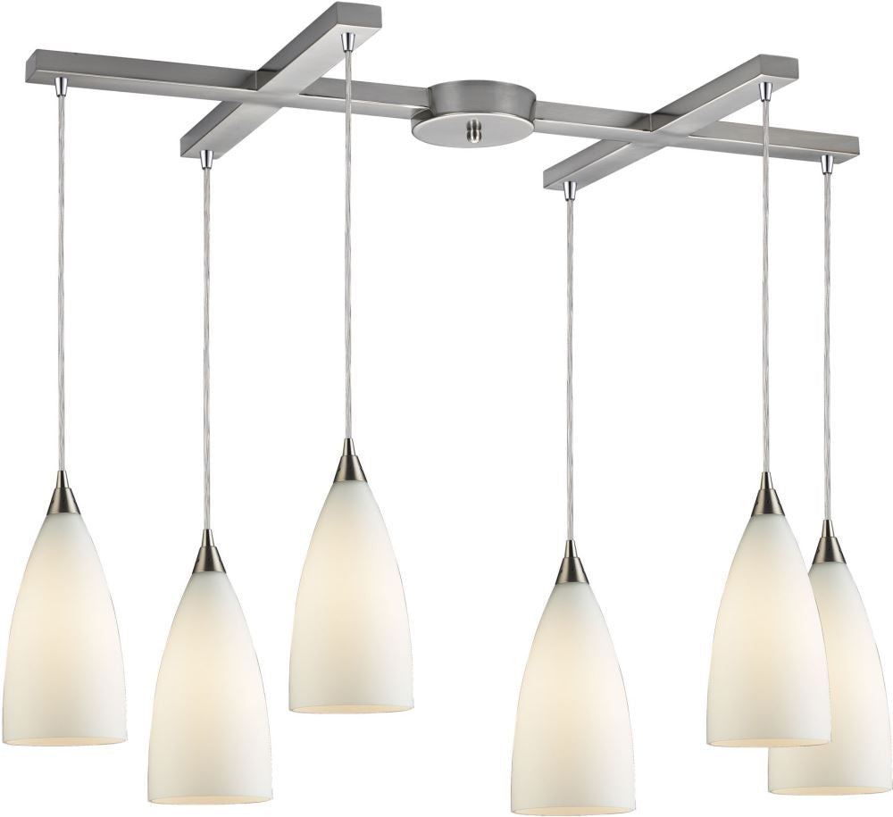 Vesta 6 Light Pendant In Satin Nickel and White Glass