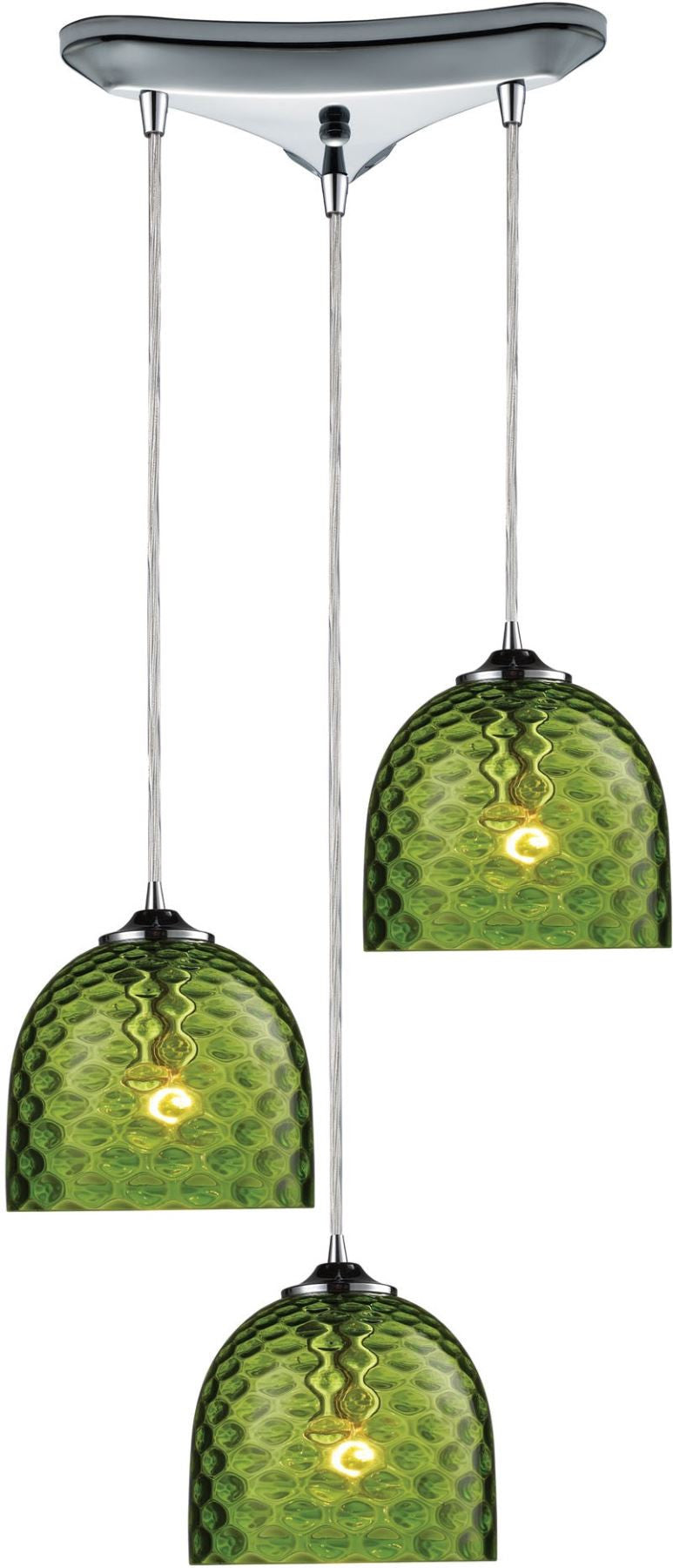 Viva 3 Light Pendant In Polished Chrome and Green Glass