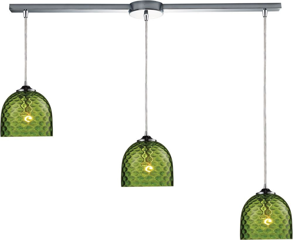Viva 3 Light Pendant In Polished Chrome and Green Glass