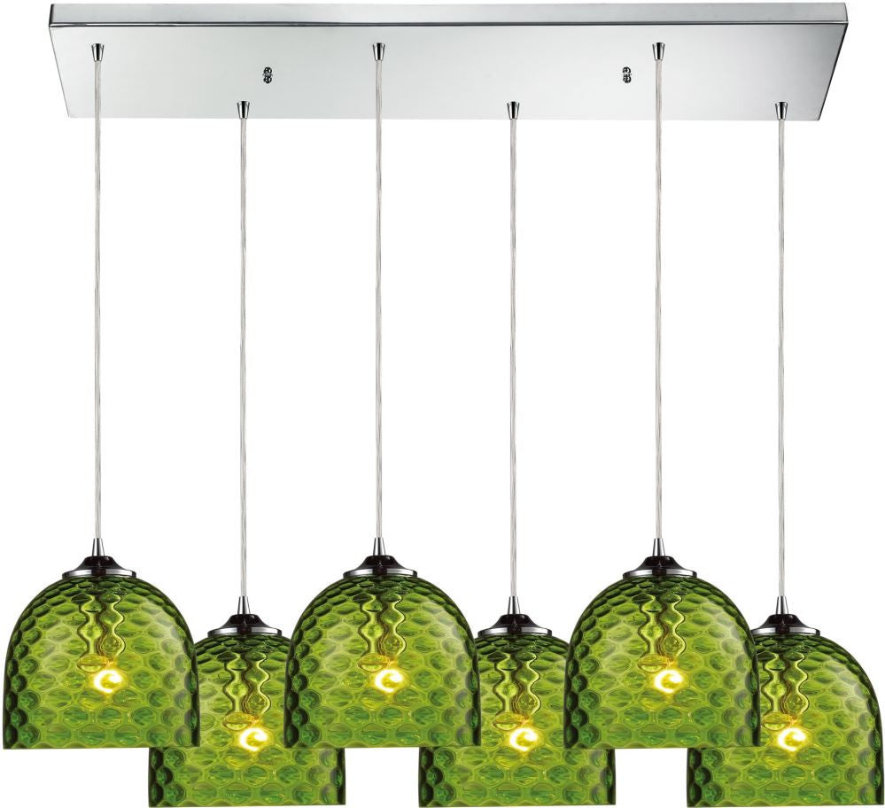 Viva 6 Light Pendant In Polished Chrome and Green Glass