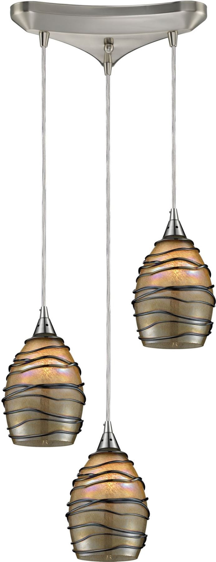 Vines 3 Light Pendant In Satin Nickel and Tan Glass