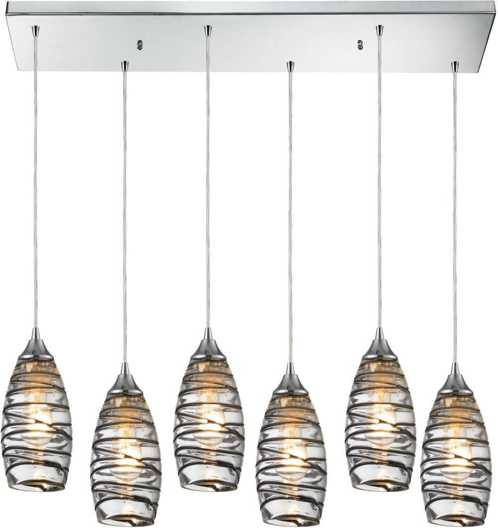 Twister 6 Light Pendant In Polished Chrome and Vine Wrap Glass