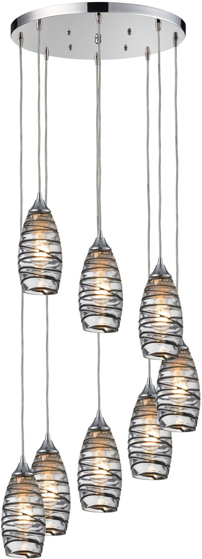 Twister 8 Light Pendant In Polished Chrome and Vine Wrap Glass