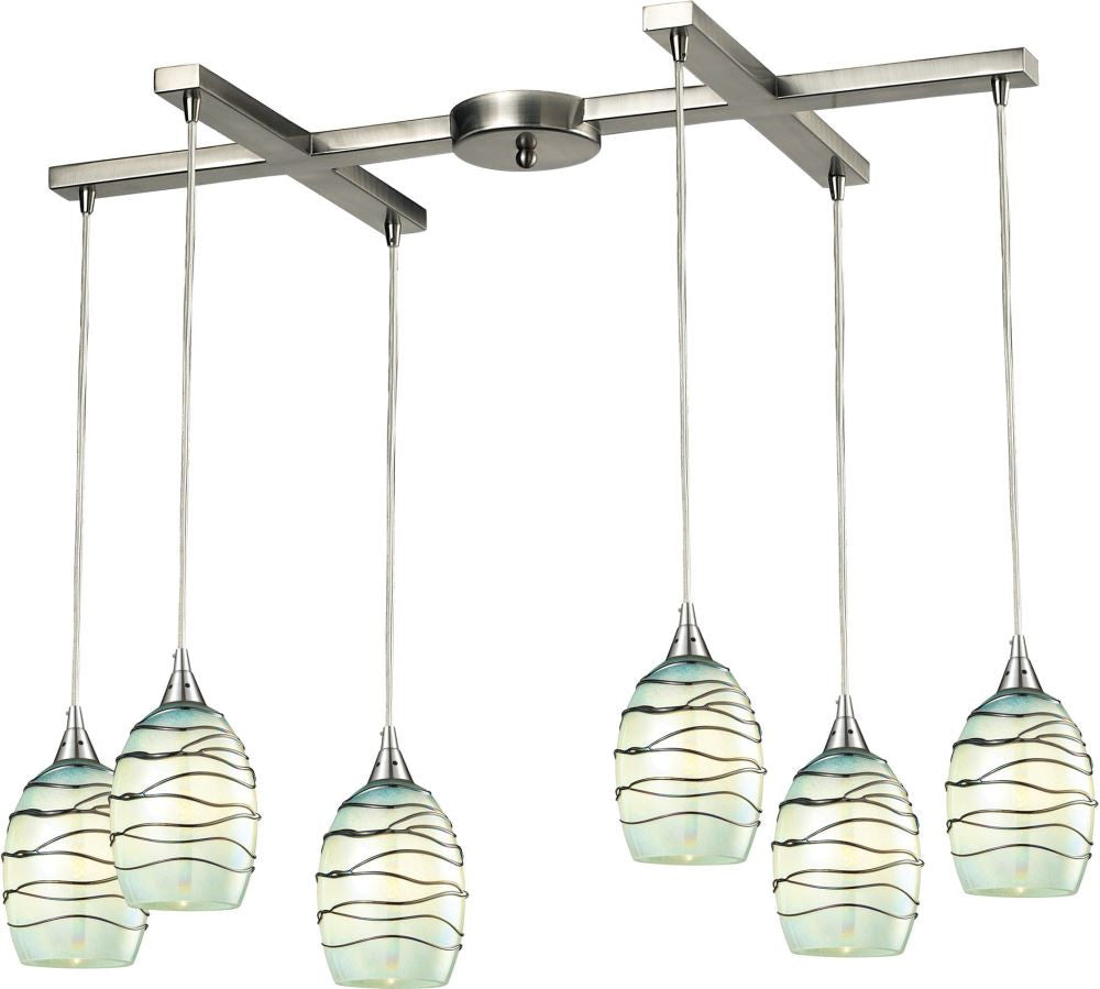 Vines 6 Light Pendant In Satin Nickel and Mint Glass