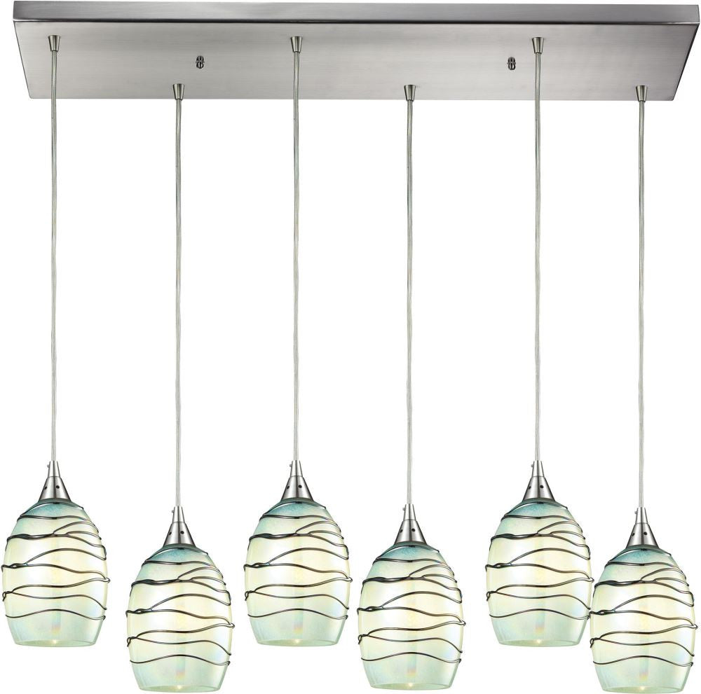Vines 6 Light Pendant In Satin Nickel and Mint Glass