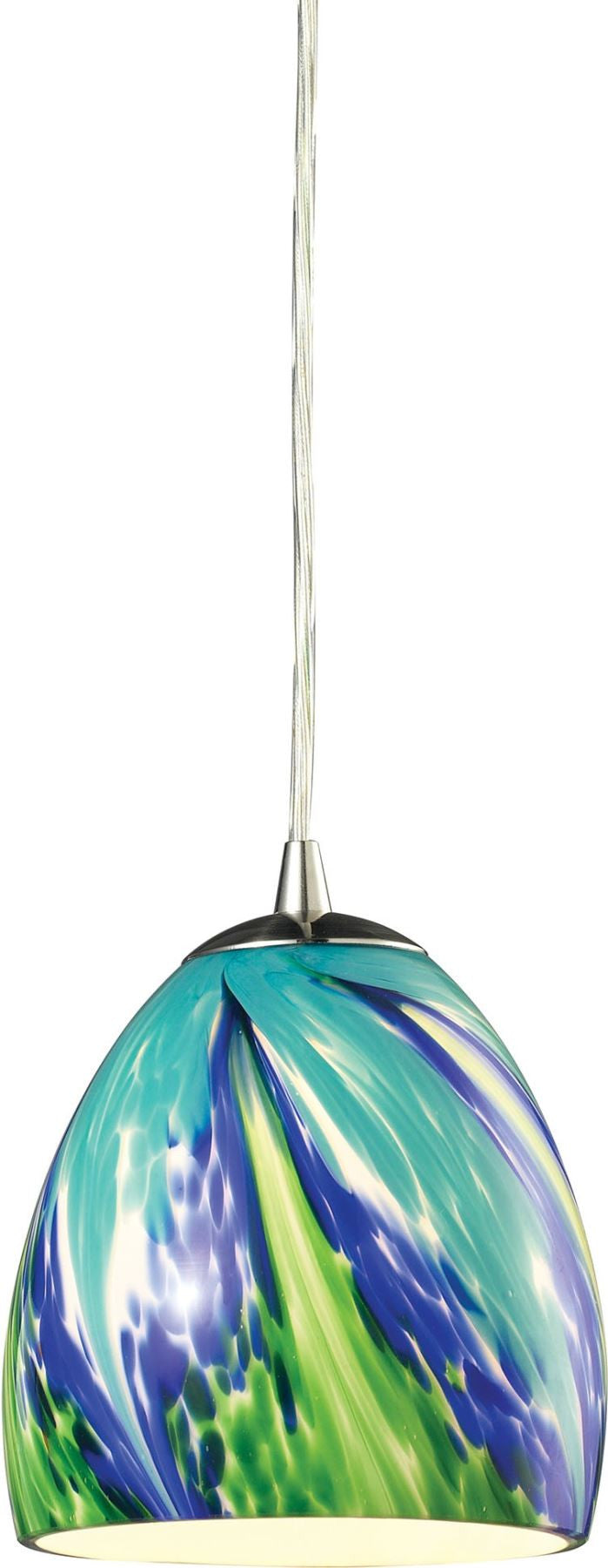 Colorwave 1 Light Pendant In Satin Nickel and Tropics Glass