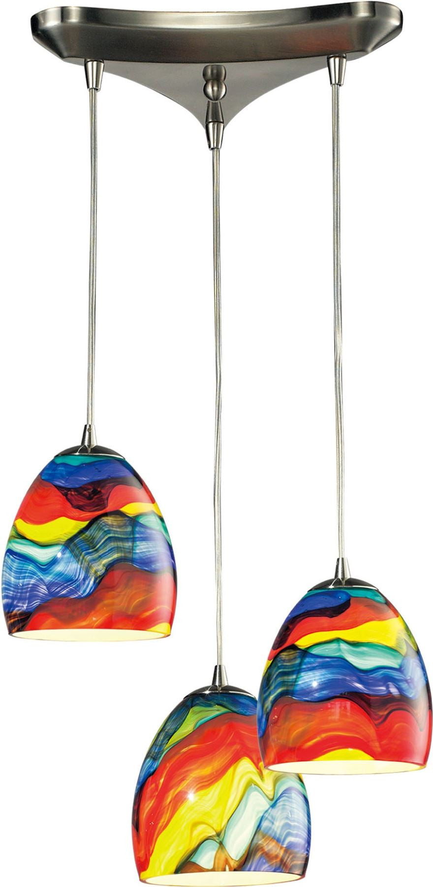 Colorwave 3 Light Pendant In Satin Nickel and Rainbow Streak Glass