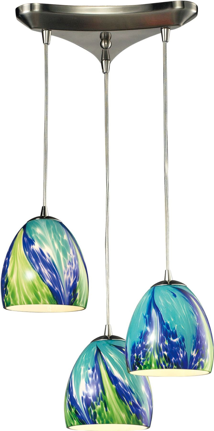 Colorwave 3 Light Pendant In Satin Nickel and Tropics Glass