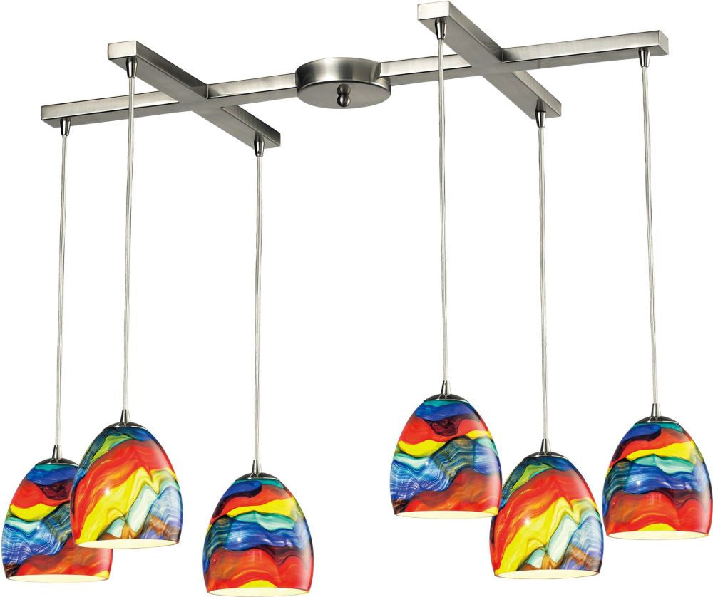 Colorwave 6 Light Pendant In Satin Nickel and Rainbow Streak Glass