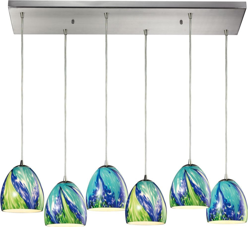 Colorwave 6 Light Pendant In Satin Nickel and Tropics Glass
