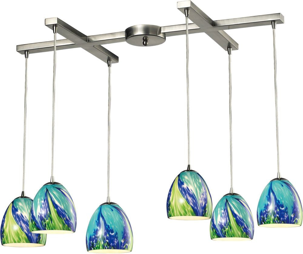 Colorwave 6 Light Pendant In Satin Nickel and Tropics Glass