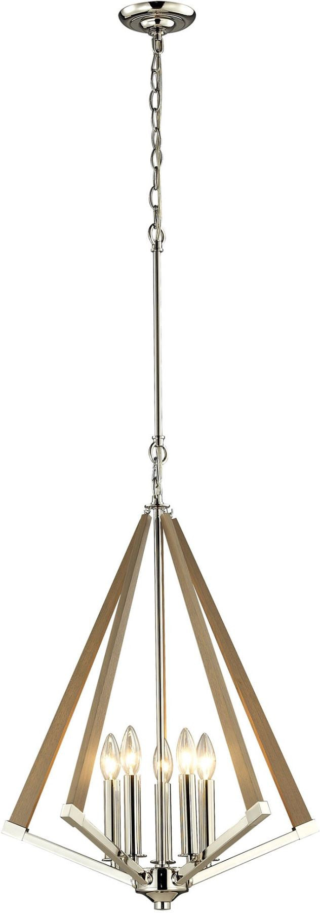 Madera 5 Light Pendant In Polished Nickel and Natural Wood