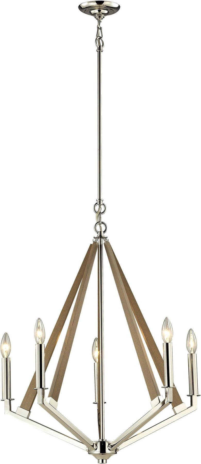 Madera 5 Light Chandelier In Polished Nickel and Natural Wood