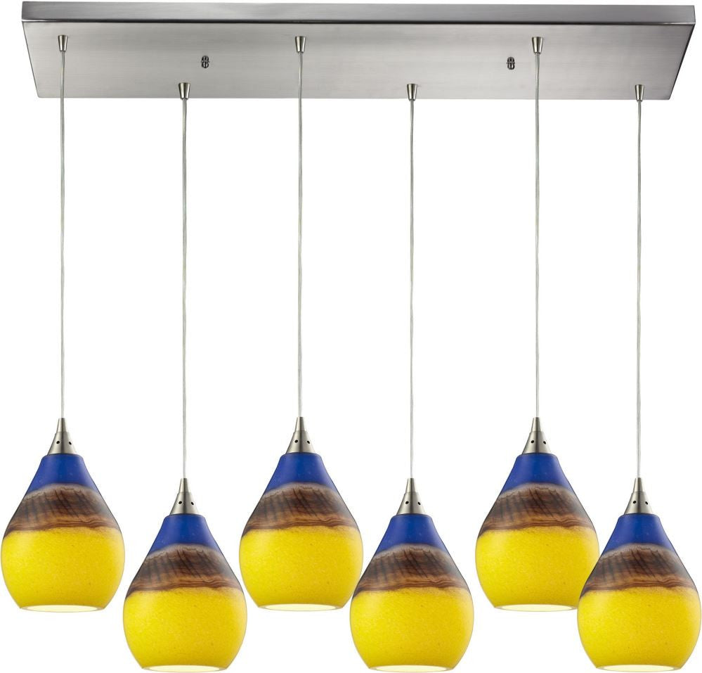 Dunes 6 Light Pendant In Satin Nickel and Sunscape Glass
