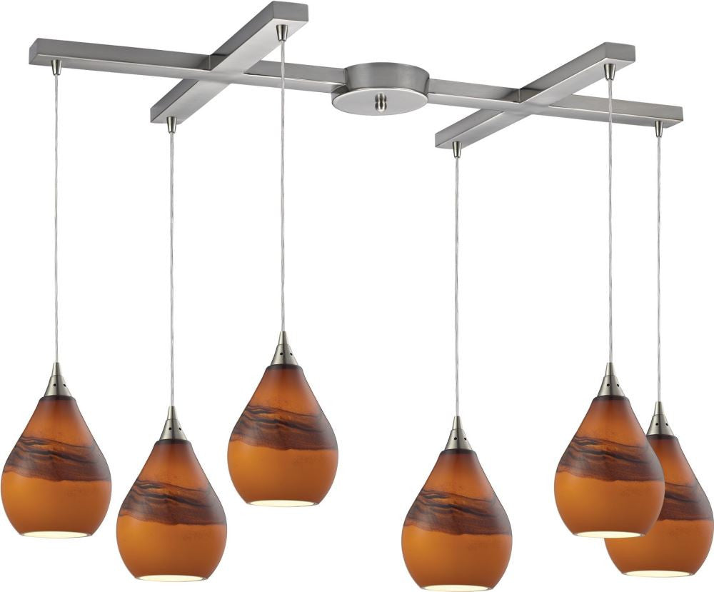 Dunes 6 Light Pendant In Satin Nickel and Shadow Glass
