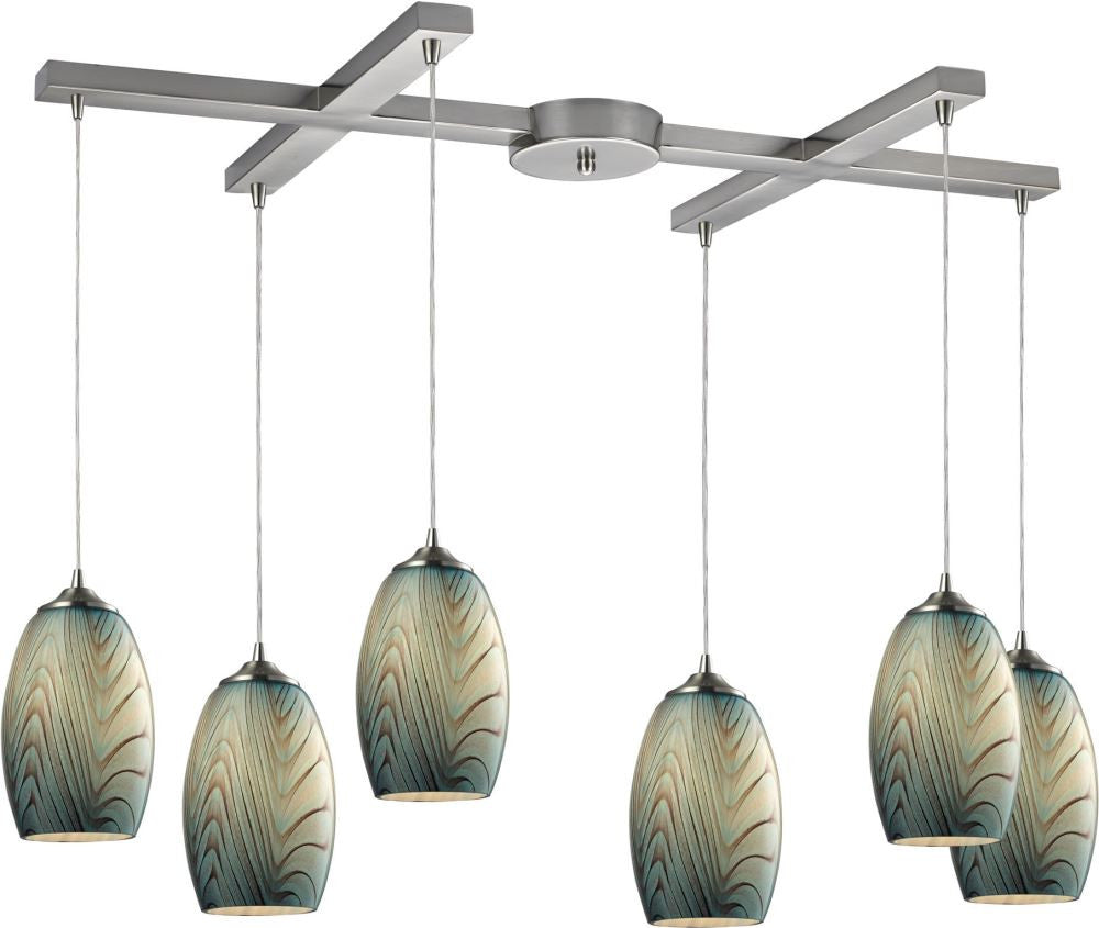 Tidewaters 6 Light Pendant In Satin Nickel and Seafoam Glass