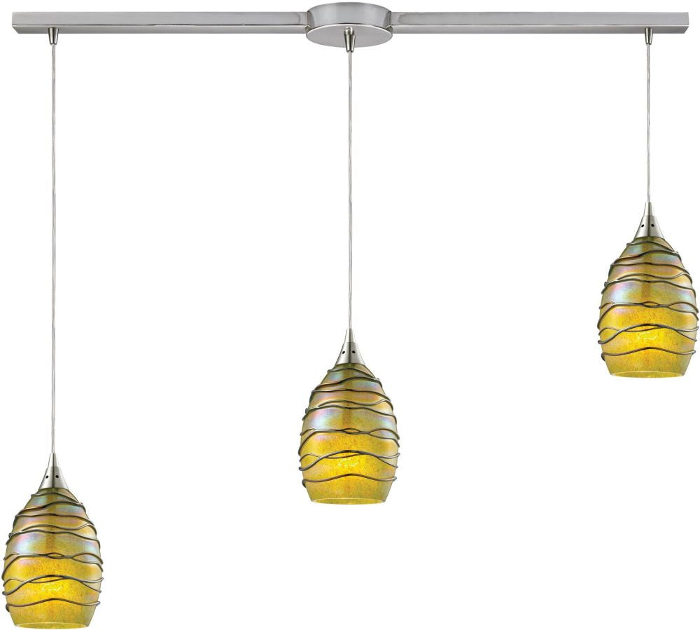 Vines 3 Light Pendant In Satin Nickel and Charteuse Glass