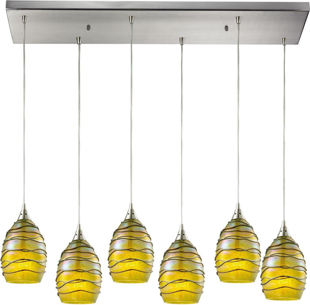 Vines 6 Light Pendant In Satin Nickel and Charteuse Glass
