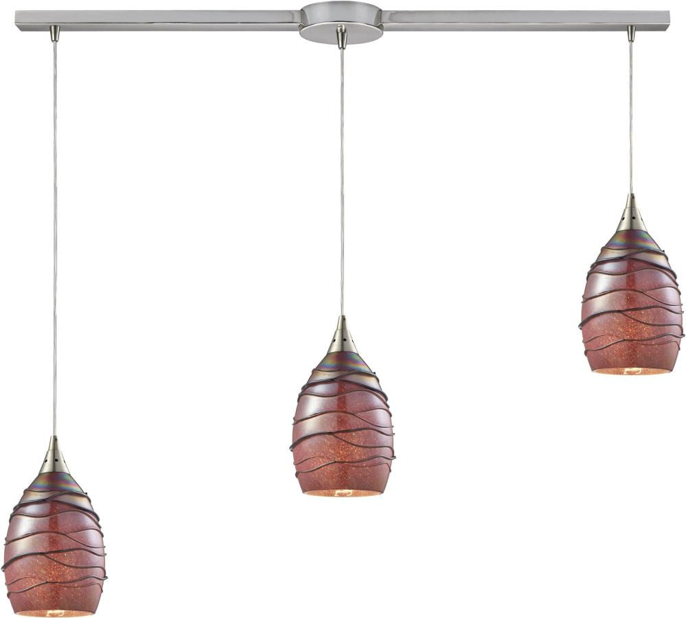 Vines 3 Light Pendant In Satin Nickel and Rhubarb Glass