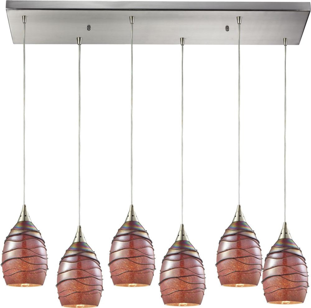 Vines 6 Light Pendant In Satin Nickel and Rhubarb Glass