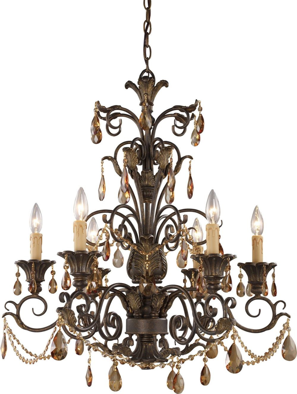 Rochelle 6 Light Chandelier In Weathered Mahogany and Amber Crystal