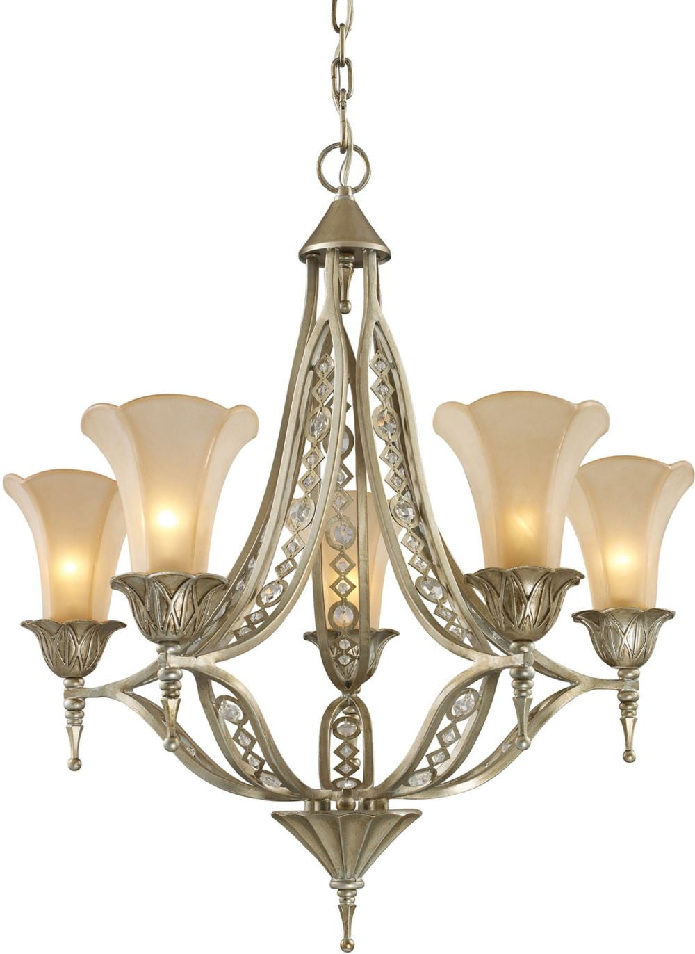 Chelsea 5 Light Chandelier In Aged Silver and Beige Frosted Glass