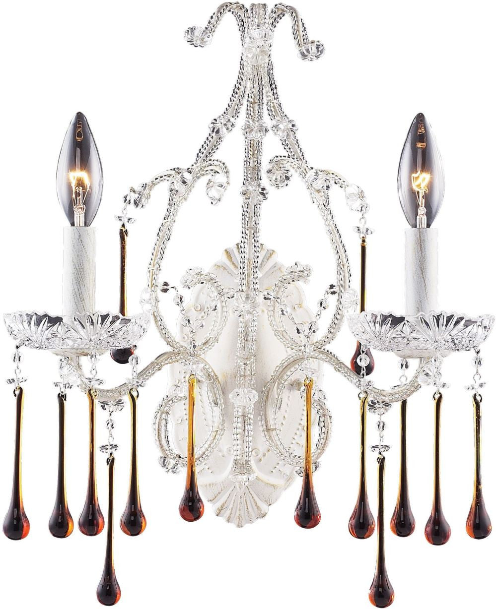 Opulence 2 Light Wall Sconce In Antique White and Amber Crystal
