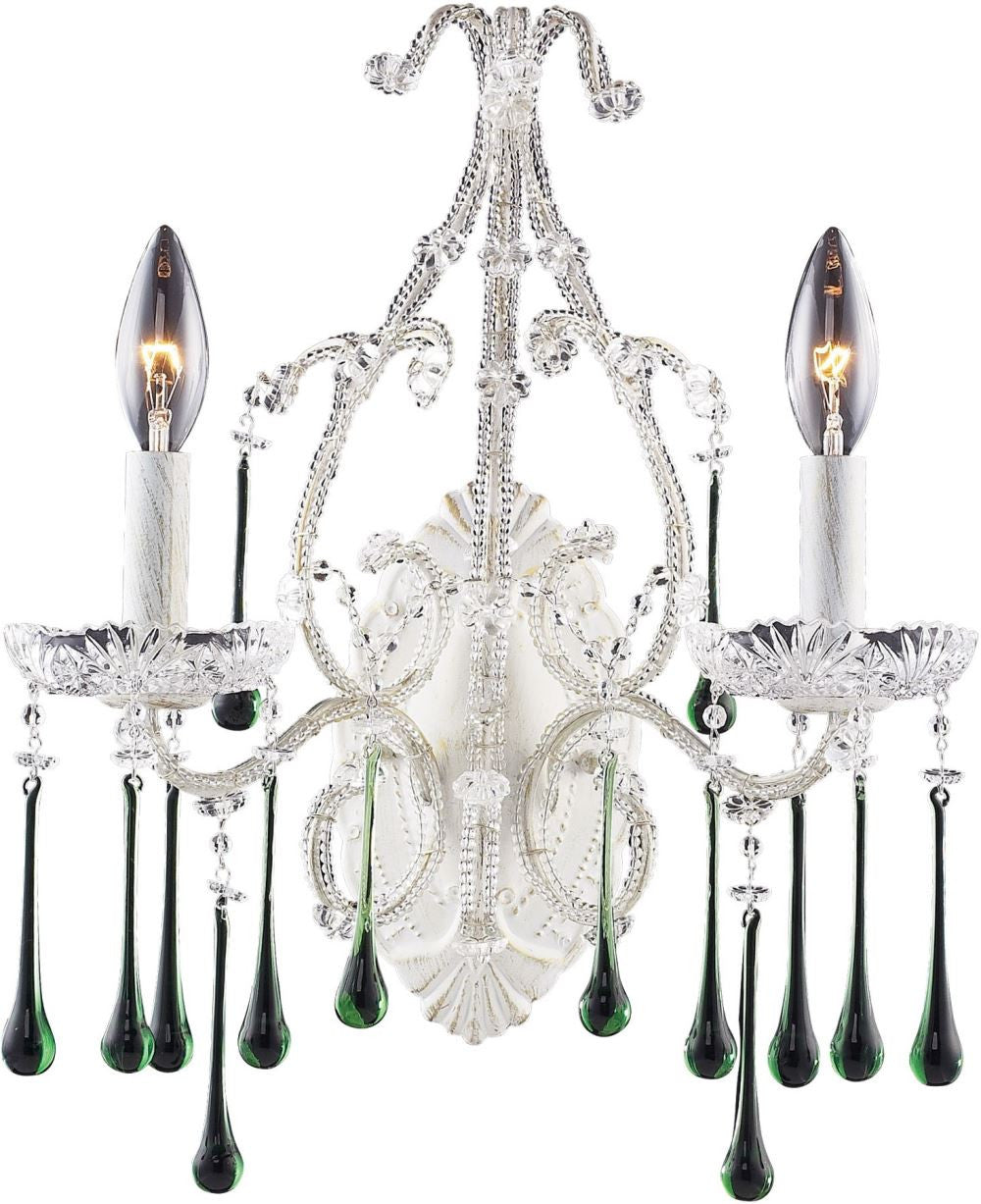 Opulence 2 Light Wall Sconce In Antique White and Lime Crystal