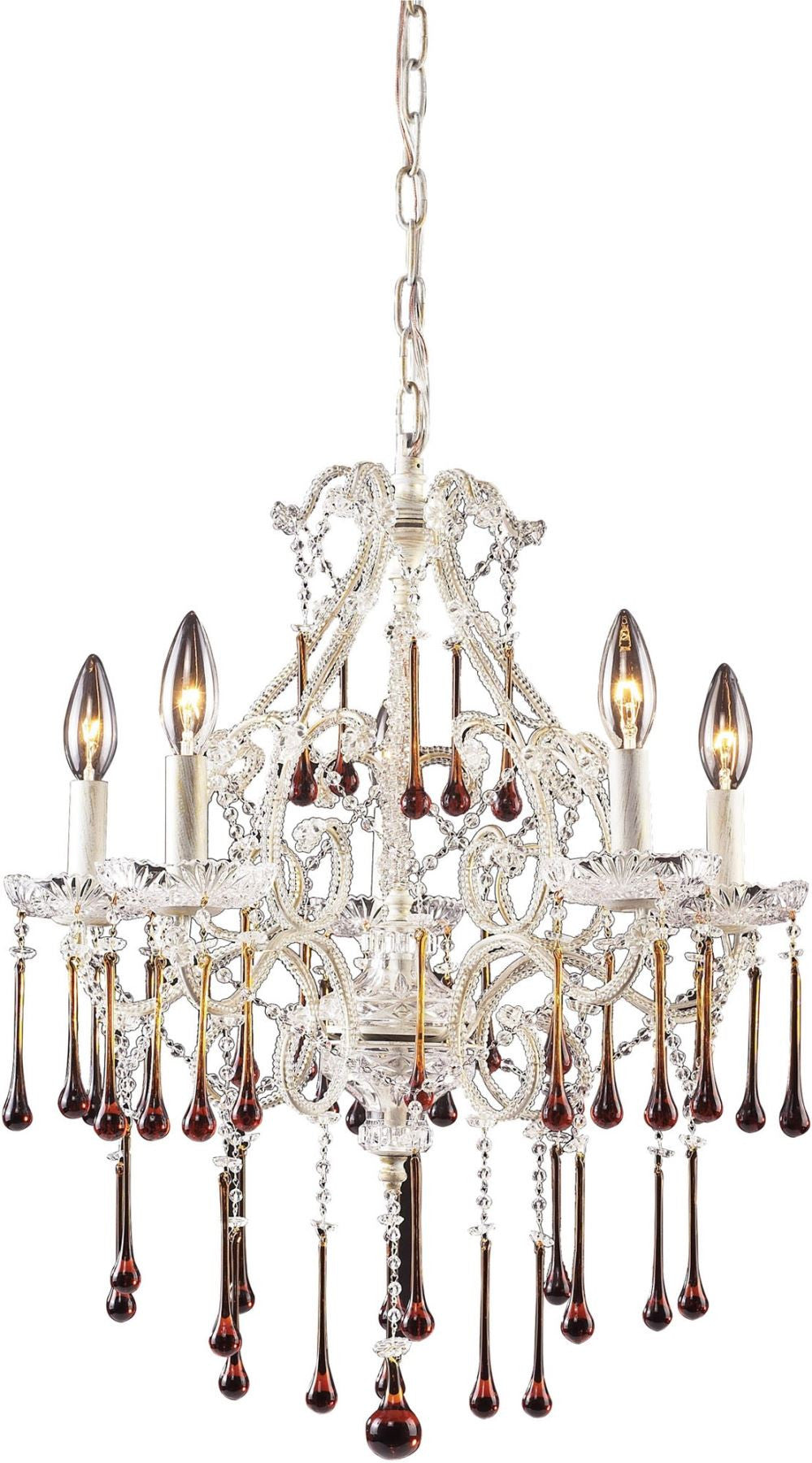 Opulence 5 Light Chandelier In Antique White and Amber Crystal