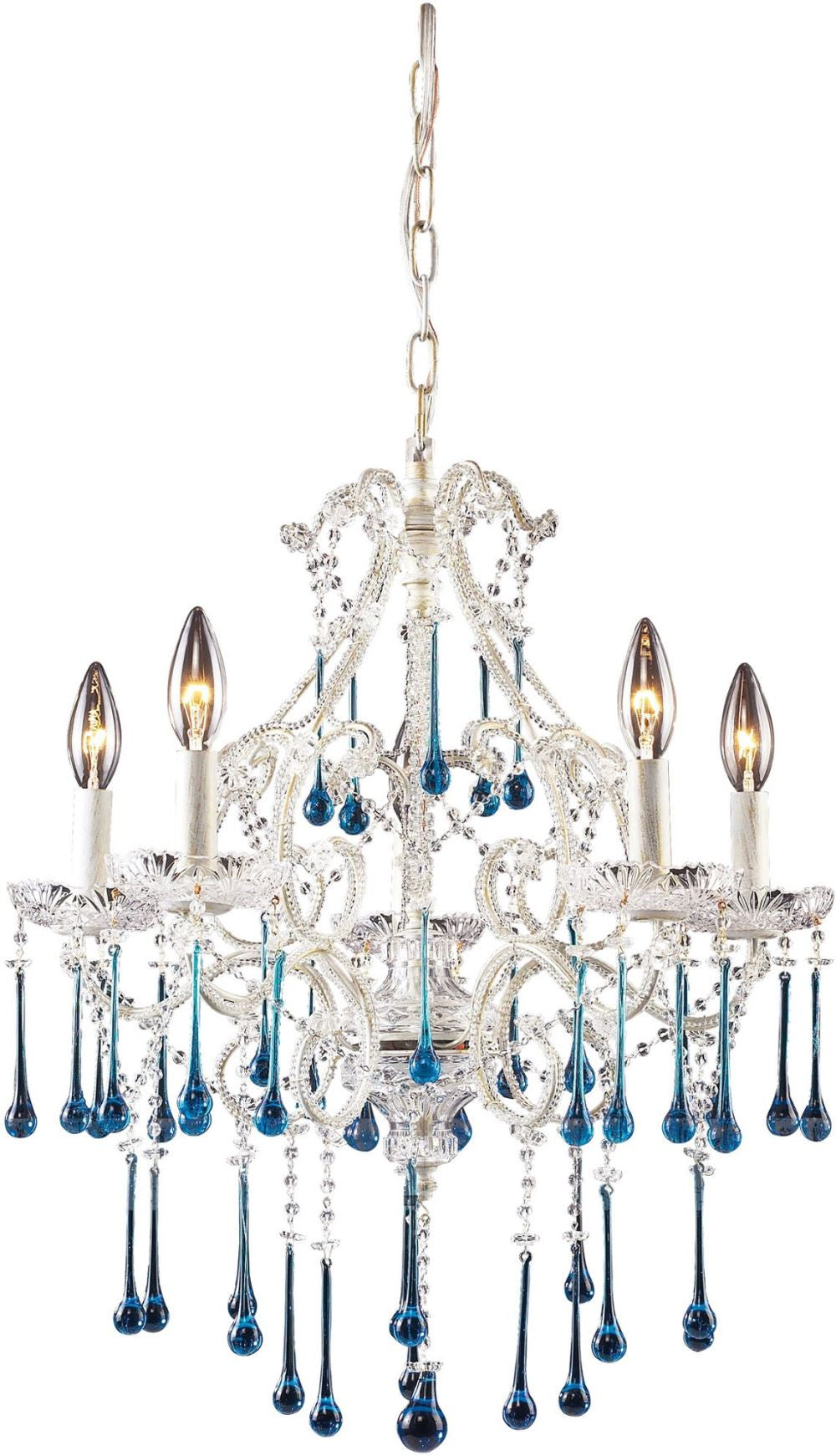 Opulence 5 Light Chandelier In Antique White and Aqua Crystal